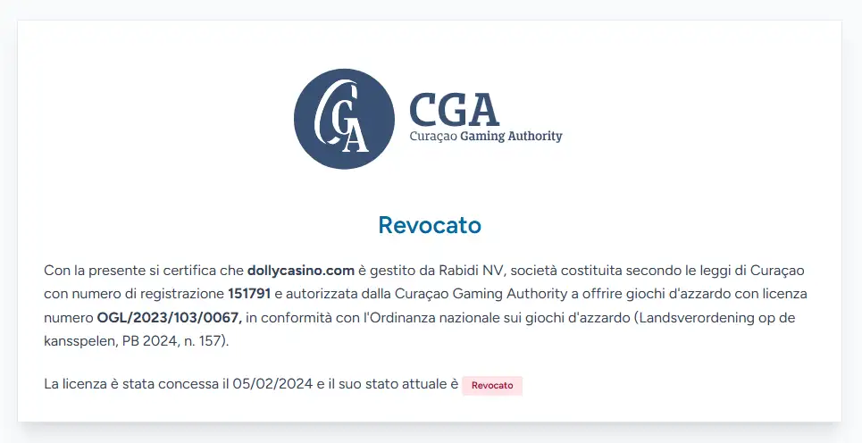Stato della licenza e controlli regolatori su Dolly Casino