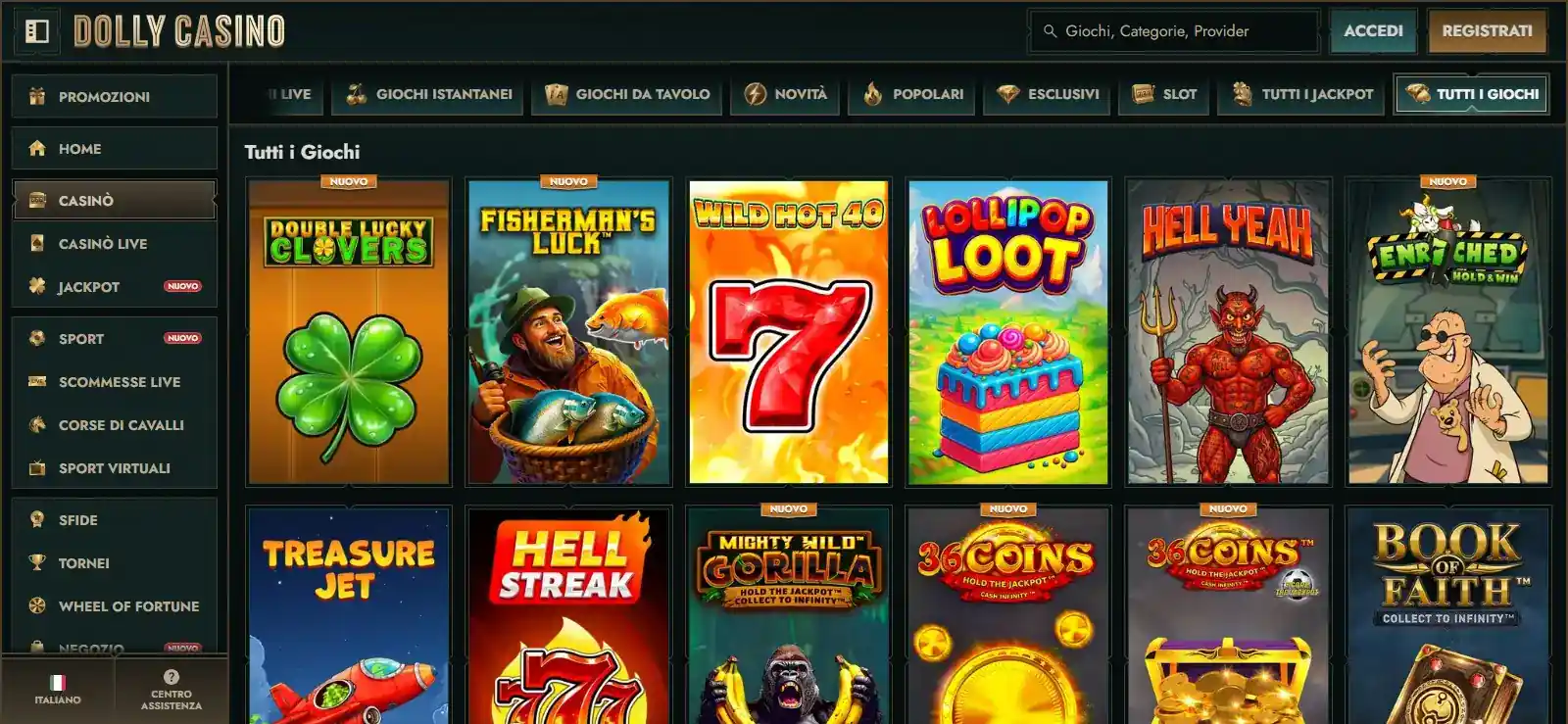 Categorie e provider disponibili nel catalogo Dolly Casino