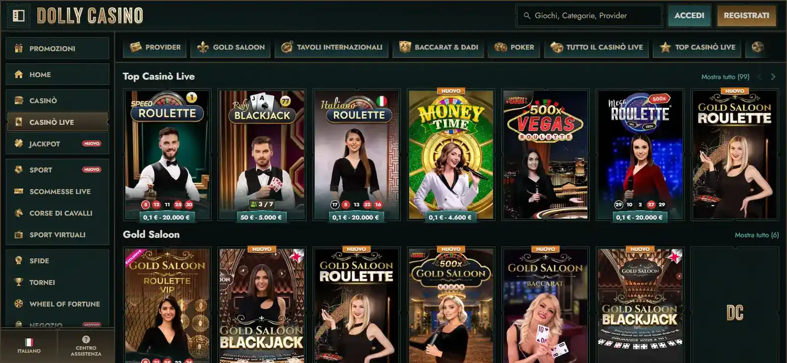 Tavoli live e provider del live casino Dolly Casino
