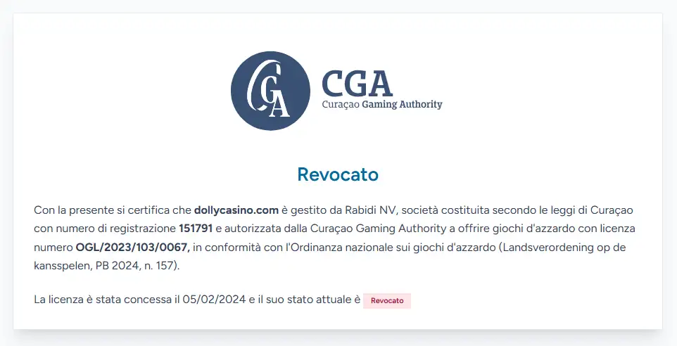 Scheda regolatoria collegata al dominio Dolly Casino